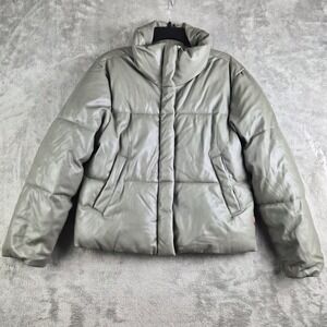 Levis‎ Puffer Jacket Womens Medium Sage Green Faux Leather Quilted Full Zip